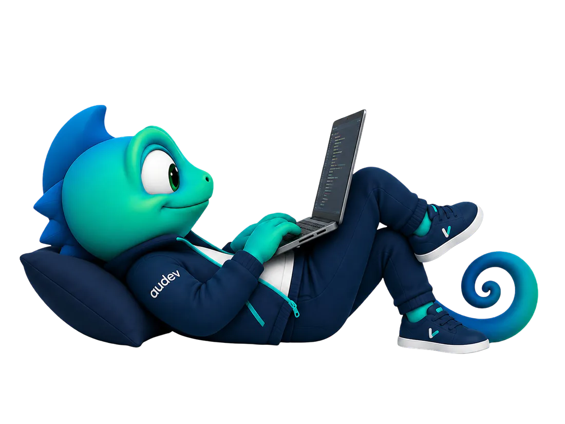 Mascote Audev programando em um notebook