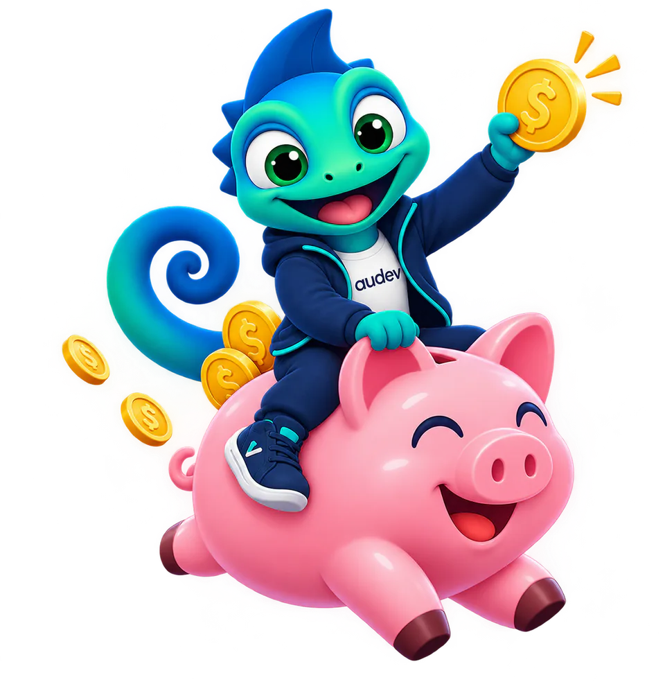Mascote Audev sobre um cofrinho, representando economia no investimento do site
