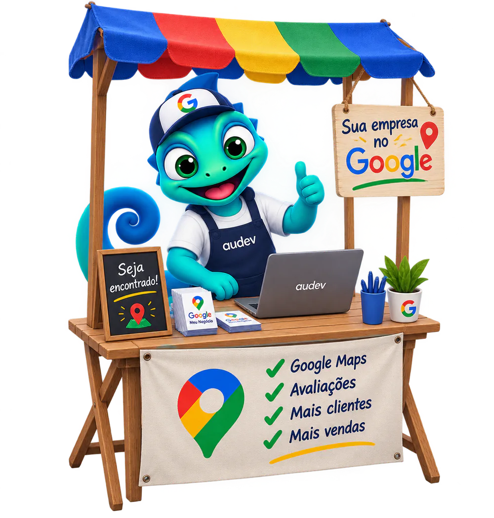 Mascote Audev em uma banca sobre presença no Google, Maps e avaliações